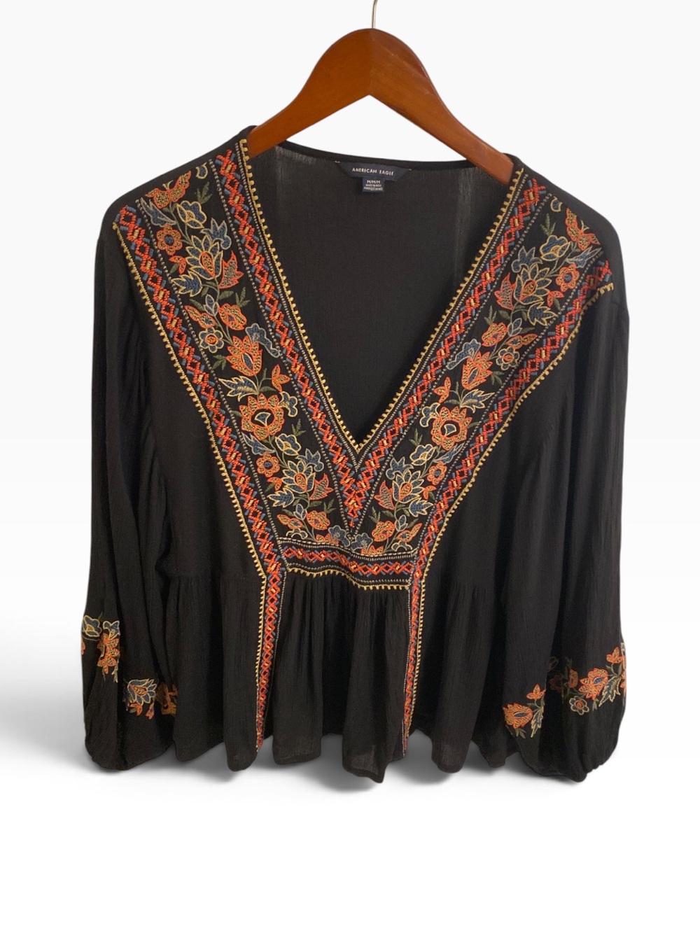 AMERICAN EAGLE BOHO EMBROIDERED PEASANT TOP FLOWY RUFFLED POET SLEEVES MEDIUM